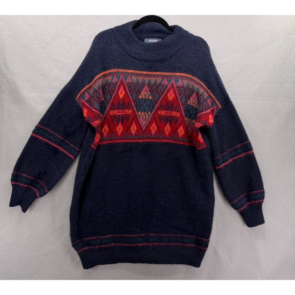 ModCloth Sweater Womens XL Blue Red Fair Isle Fuzzy Tunic Dolman Sleeve Nordic